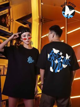 RIGO - Unisex Black Cotton Drop Shoulder Round Neck Oversized T-Shirt