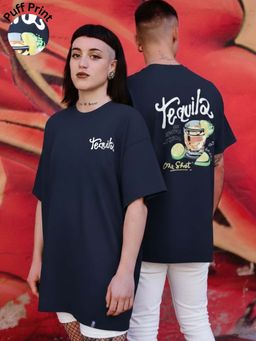 RIGO - Unisex Navy Blue Cotton Drop Shoulder Round Neck Oversized T-Shirt