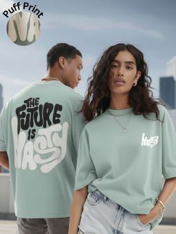 RIGO - Unisex Green Cotton Drop Shoulder Round Neck Oversized T-Shirt