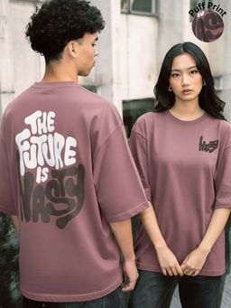 RIGO - Unisex Mauve Cotton Drop Shoulder Round Neck Oversized T-Shirt