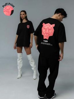 RIGO - Unisex Black Cotton Drop Shoulder Round Neck Oversized T-Shirt