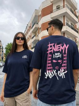 RIGO - Unisex Navy Blue Cotton Drop Shoulder Round Neck Oversized T-Shirt