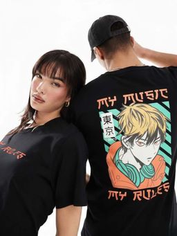 RIGO - Unisex Black Cotton Drop Shoulder Round Neck Oversized T-Shirt