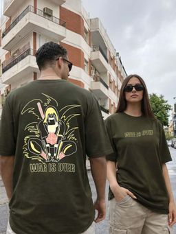 RIGO - Unisex Green Cotton Drop Shoulder Round Neck Oversized T-Shirt