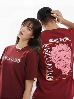 RIGO - Unisex Maroon Cotton Drop Shoulder Round Neck Oversized T-Shirt