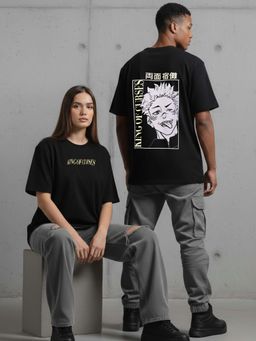 RIGO - Unisex Black Cotton Drop Shoulder Round Neck Oversized T-Shirt
