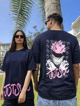RIGO - Unisex Blue Cotton Drop Shoulder Round Neck Oversized T-Shirt