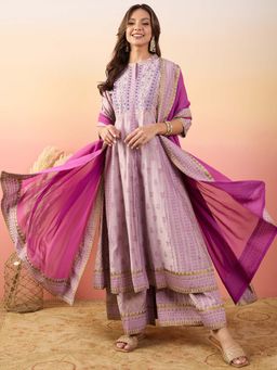 Ariya Prints - Women Lavender Embroidered Anarkali Kurta With Dupatta & Palazzo