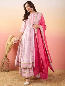 Ariya Prints - Women Pink Embroidered Anarkali Kurta With Dupatta & Palazzo