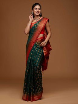 Koskii - Bottle Green Woven Art Silk Saree with Unstitched Blouse