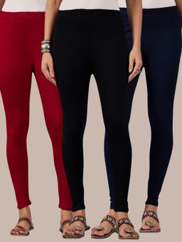 Buynewtrend - Cotton Maroon Navy Black Women Leggings (Pack of 3)