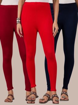 Buynewtrend - Cotton Maroon Navy Red Women Leggings (Pack of 3)