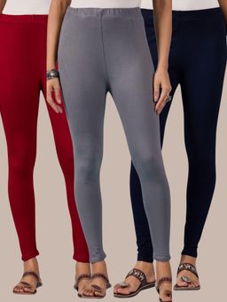 Buynewtrend - Cotton Maroon Navy Grey Women Leggings (Pack of 3)