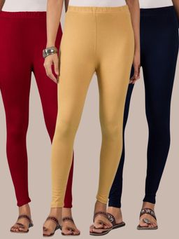 Buynewtrend - Cotton Maroon Navy Beige Women Leggings (Pack of 3)