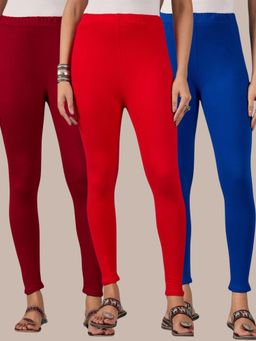 Buynewtrend - Cotton Maroon Royal Red Women Leggings (Pack of 3)