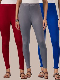Buynewtrend - Cotton Maroon Royal Grey Women Leggings (Pack of 3)