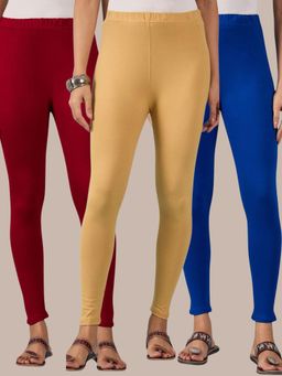 Buynewtrend - Cotton Maroon Royal Beige Women Leggings (Pack of 3)