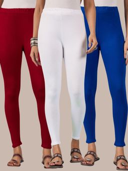 Buynewtrend - Cotton Maroon Royal White Women Leggings (Pack of 3)