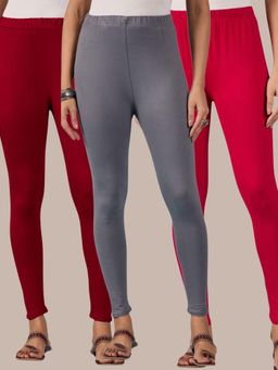 Buynewtrend - Cotton Maroon Pink Grey Women Leggings (Pack of 3)
