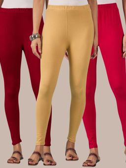 Buynewtrend - Cotton Maroon Pink Beige Women Leggings (Pack of 3)