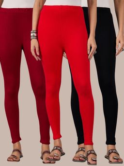 Buynewtrend - Cotton Maroon Black Red Women Leggings (Pack of 3)