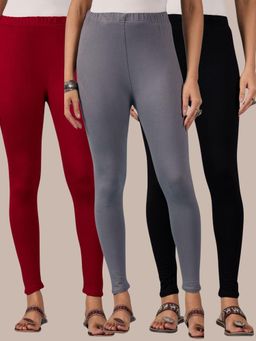 Buynewtrend - Cotton Maroon Black Grey Women Leggings (Pack of 3)