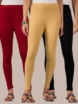 Buynewtrend - Cotton Maroon Black Beige Women Leggings (Pack of 3)