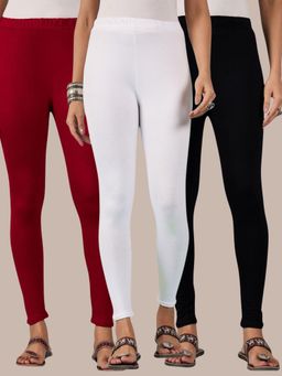 Buynewtrend - Cotton Maroon Black White Women Leggings (Pack of 3)