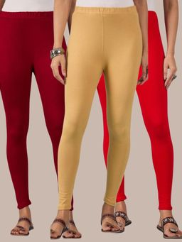 Buynewtrend - Cotton Maroon Red Beige Women Leggings (Pack of 3)