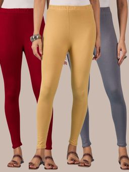 Buynewtrend - Cotton Maroon Grey Beige Women Leggings (Pack of 3)