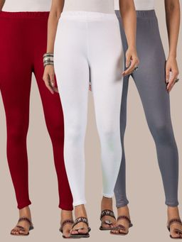 Buynewtrend - Cotton Maroon Grey White Women Leggings (Pack of 3)