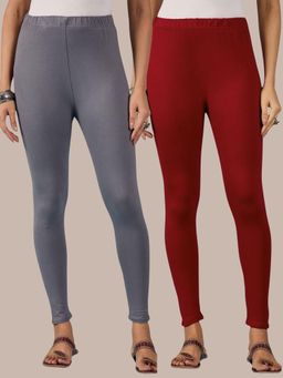 Buynewtrend - Cotton Maroon Grey Women Leggings (Pack of 2)