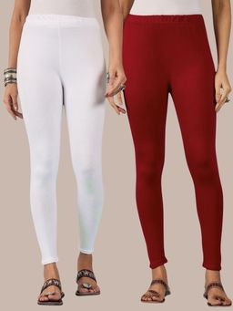 Buynewtrend - Cotton Maroon White Women Leggings (Pack of 2)