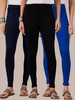 Buynewtrend - Cotton Navy Royal Black Women Leggings (Pack of 3)
