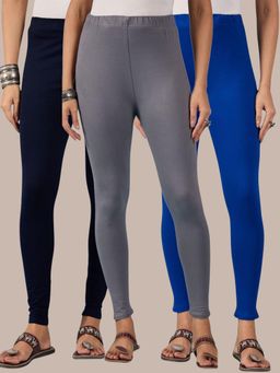 Buynewtrend - Cotton Navy Royal Grey Women Leggings (Pack of 3)