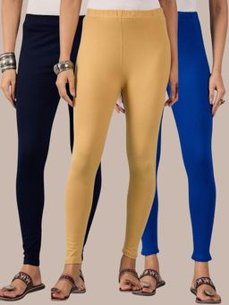 Buynewtrend - Cotton Navy Royal Beige Women Leggings (Pack of 3)