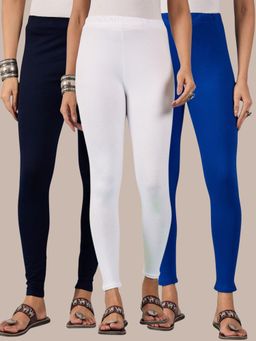Buynewtrend - Cotton Navy Royal White Women Leggings (Pack of 3)
