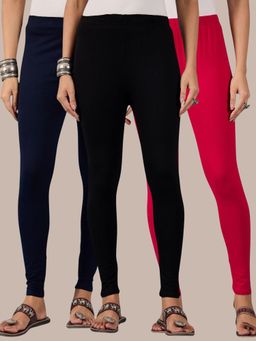 Buynewtrend - Cotton Navy Pink Black Women Leggings (Pack of 3)