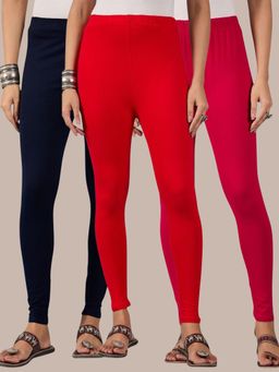 Buynewtrend - Cotton Navy Pink Red Women Leggings (Pack of 3)