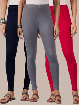 Buynewtrend - Cotton Navy Pink Grey Women Leggings (Pack of 3)