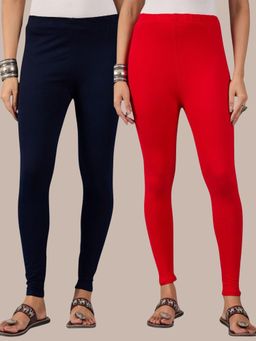Buynewtrend - Cotton Navy Red Women Leggings (Pack of 2)