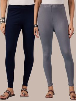 Buynewtrend - Cotton Navy Grey Women Leggings (Pack of 2)