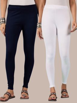 Buynewtrend - Cotton Navy White Women Leggings (Pack of 2)