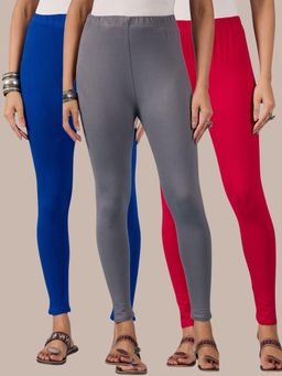 Buynewtrend - Cotton Royal Pink Grey Women Leggings (Pack of 3)