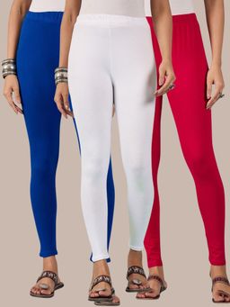 Buynewtrend - Cotton Royal Pink White Women Leggings (Pack of 3)
