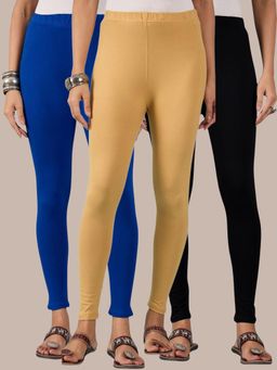 Buynewtrend - Cotton Royal Black Beige Women Leggings (Pack of 3)
