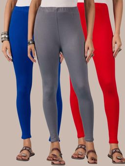 Buynewtrend - Cotton Royal Red Grey Women Leggings (Pack of 3)