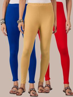 Buynewtrend - Cotton Royal Red Beige Women Leggings (Pack of 3)