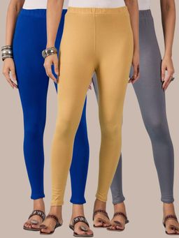 Buynewtrend - Cotton Royal Grey Beige Women Leggings (Pack of 3)