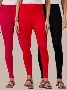 Buynewtrend - Cotton Pink Black Red Women Leggings (Pack of 3)